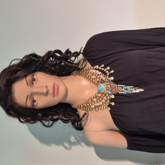 Bebe Gold and Blue Tassle Pendant Necklace NWOT - Picture 2 of 16